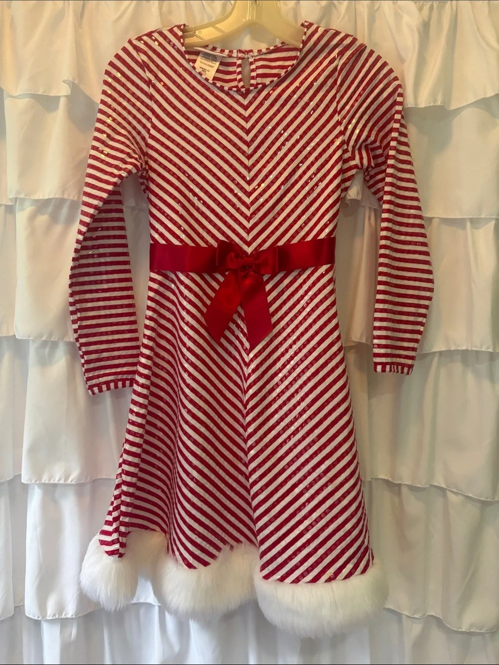 Bonnie Jean Red and White Striped Holiday Dress with Satin Waist Bow